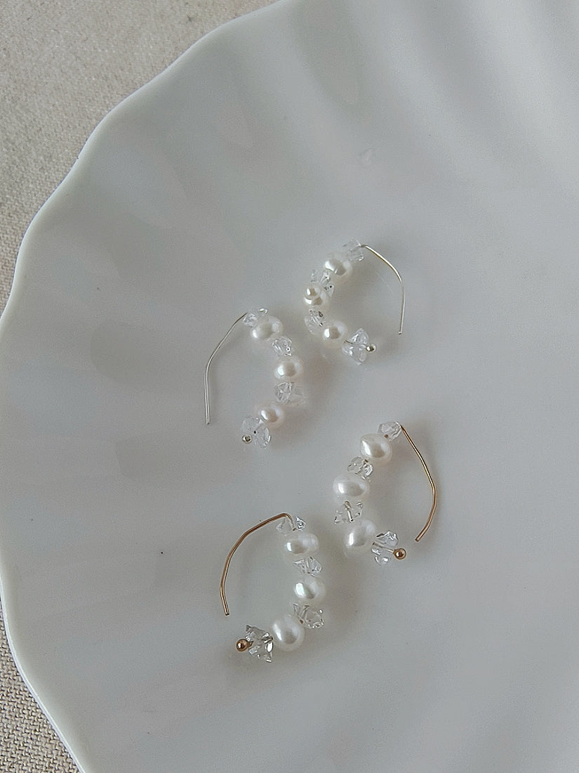 赫基默鑽石&珍珠 杏仁形耳圈